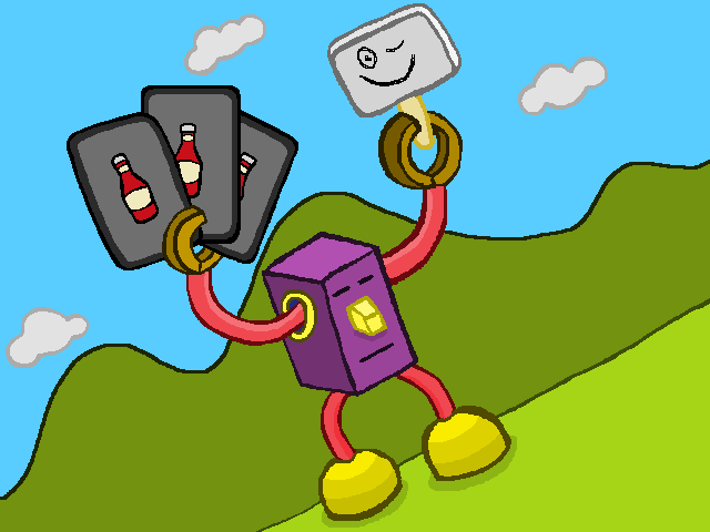A drawing of a robot creature holding three trading cards in its hand. In its other hand it's holding a sign with a smilie face on it.