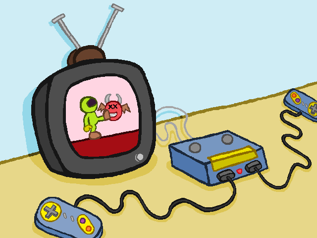 A drawing of a video game console. A space marine kicks a demon on screen.