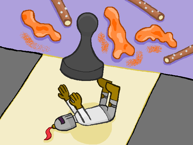 A drawing of a chess pawn landing on top of a knight. Pretzels and cheese curls are in the background.